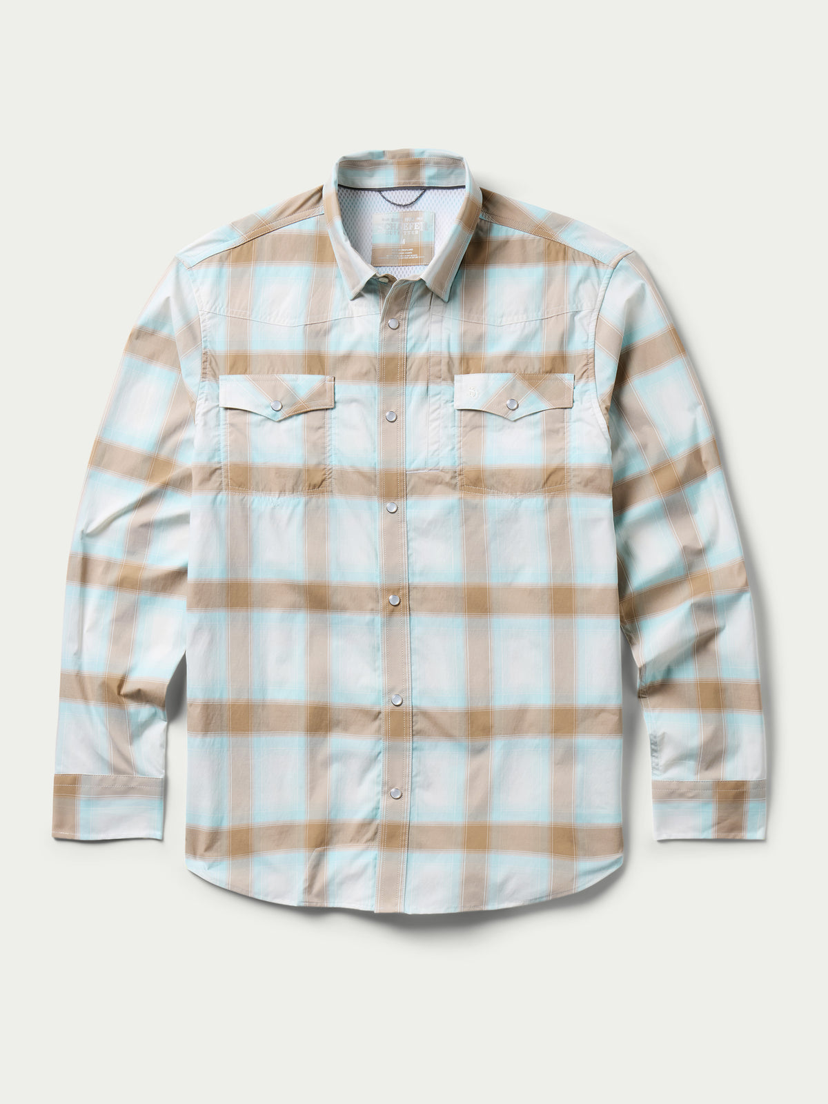 Western snap shirt in light blue and tan plaid, front view with snaps and pockets