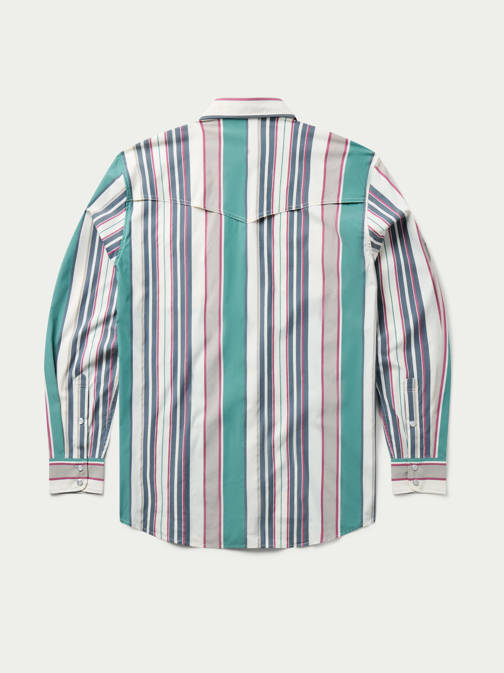 Western button snap shirt with vertical stripes and teal accents, back view