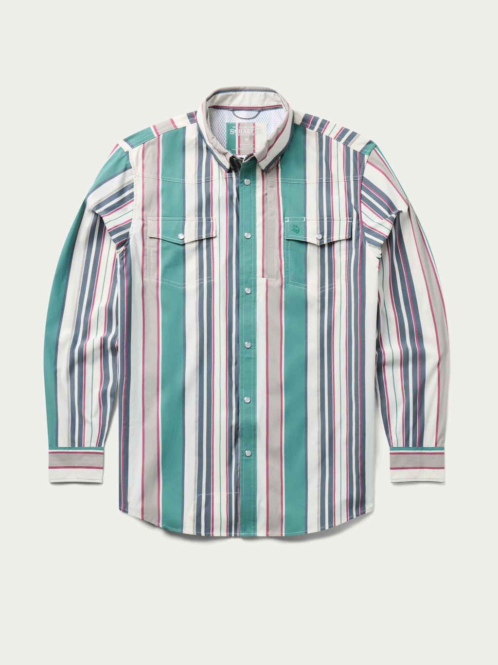 Striped western snap shirt with teal center panel, button-up placket, long sleeves