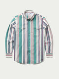Striped western snap shirt with teal center panel, button-up placket, long sleeves