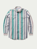 Striped western snap shirt with teal center panel, button-up placket, long sleeves