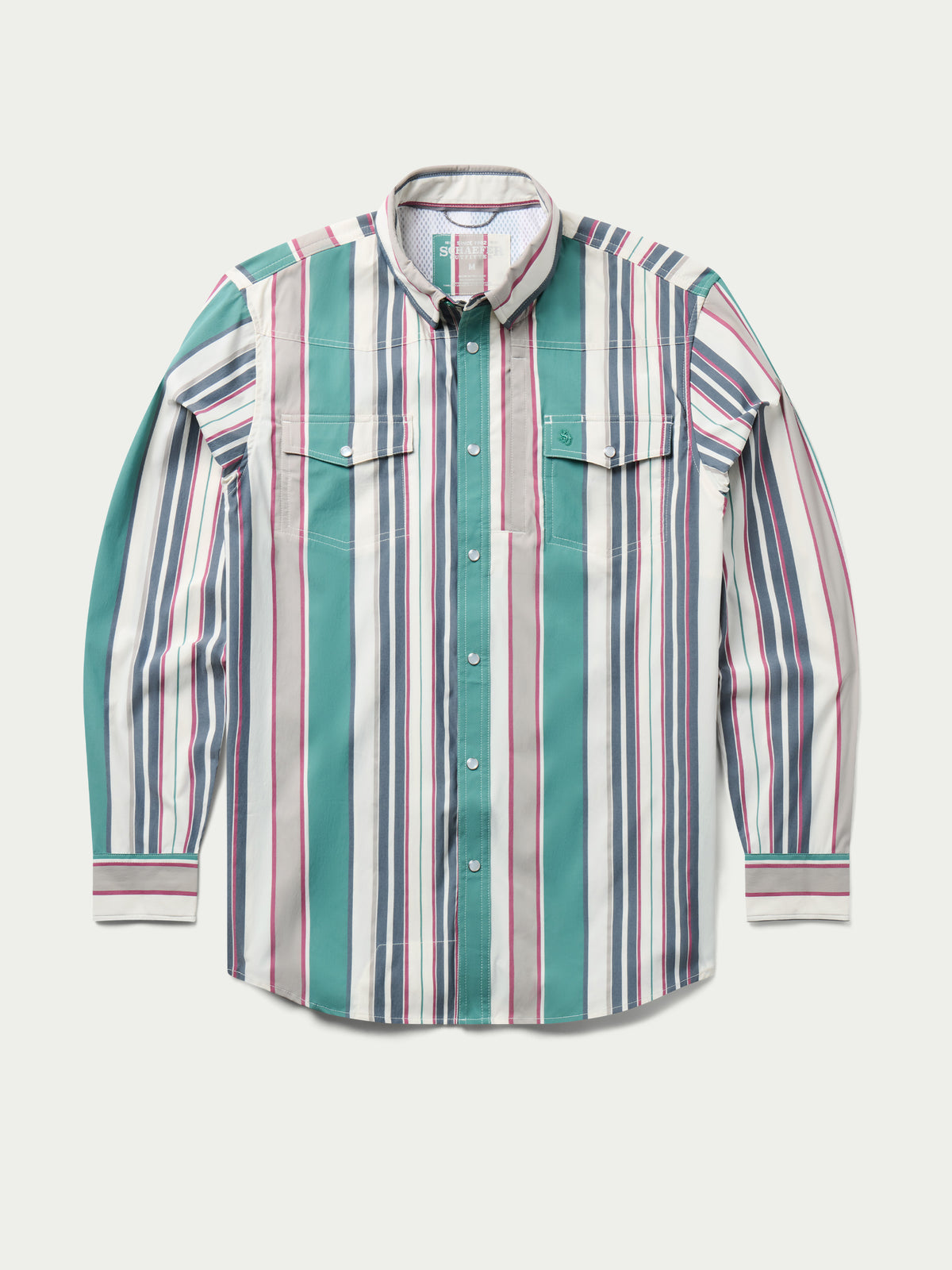 Striped western snap shirt with teal center panel, button-up placket, long sleeves