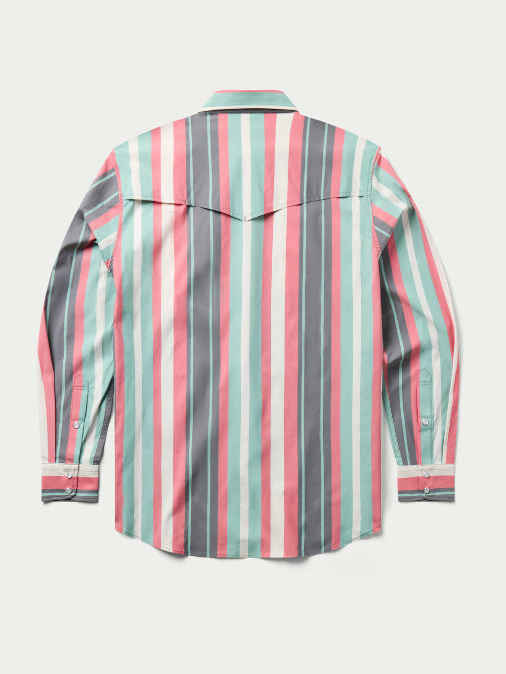 Western snap shirt back view, teal and pink vertical stripes, buttoned yoke.