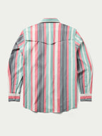 Western snap shirt back view, teal and pink vertical stripes, buttoned yoke.