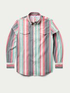 Western snap shirt front, long sleeves, teal and pink vertical stripe pattern.