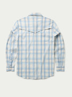 RangeTek western snap shirt back view, light blue plaid with yoke seam