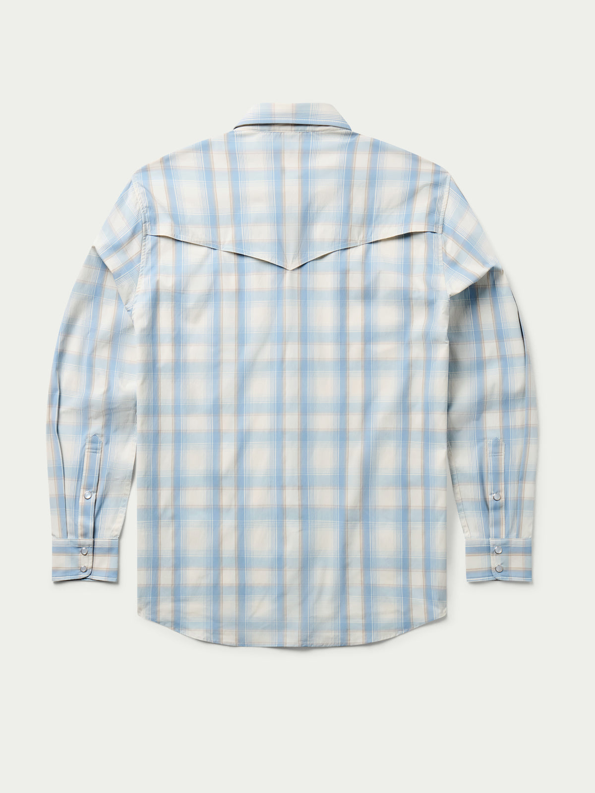 RangeTek western snap shirt back view, light blue plaid with yoke seam