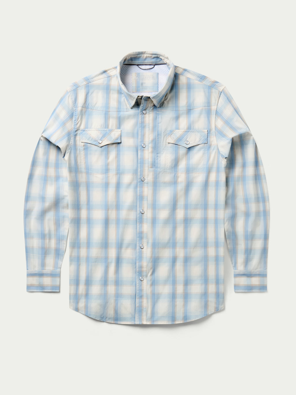 RangeTek western snap shirt front view, light blue plaid with two snap chest pockets