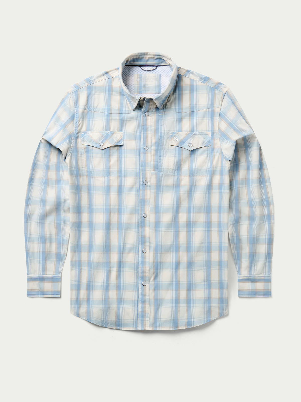 RangeTek western snap shirt front view, light blue plaid with two snap chest pockets