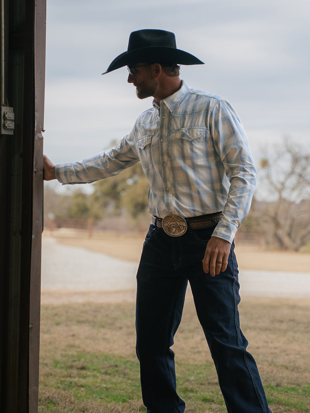RangeTek western snap shirt, light blue plaid with snap front and chest pockets