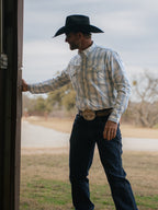 RangeTek western snap shirt, light blue plaid with snap front and chest pockets