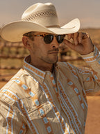 Light blue Western snap button shirt with ornate yoke pattern, long sleeves