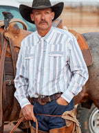 Mens western snap shirt, light blue and pink striped, with snap button front and pockets