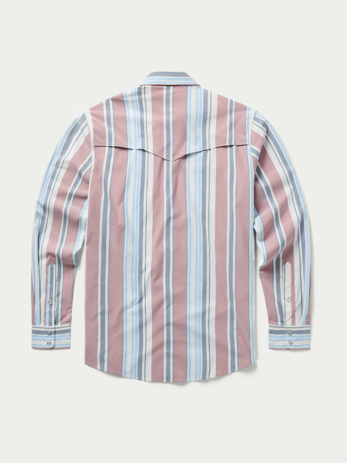 Men’s back view of striped western snap shirt in pink, blue, and white with yoke detail