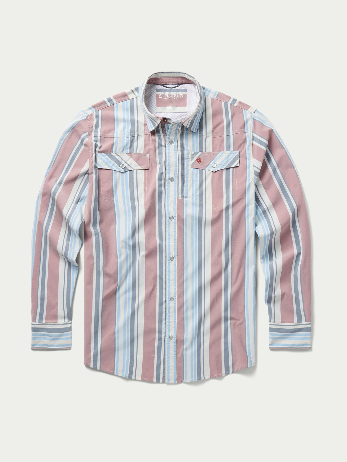 Men’s snap-front western shirt with pink, blue, and white vertical stripe pattern, two chest pockets