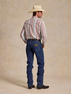 Men’s striped western snap shirt, long sleeves, back yoke and yoke seams, pink and blue stripes