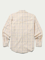 Western guide snap shirt, back view, cream with light blue plaid, snap yoke details.