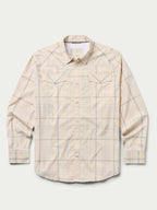 Western guide snap shirt, front view, cream with light blue plaid, snap chest pockets.