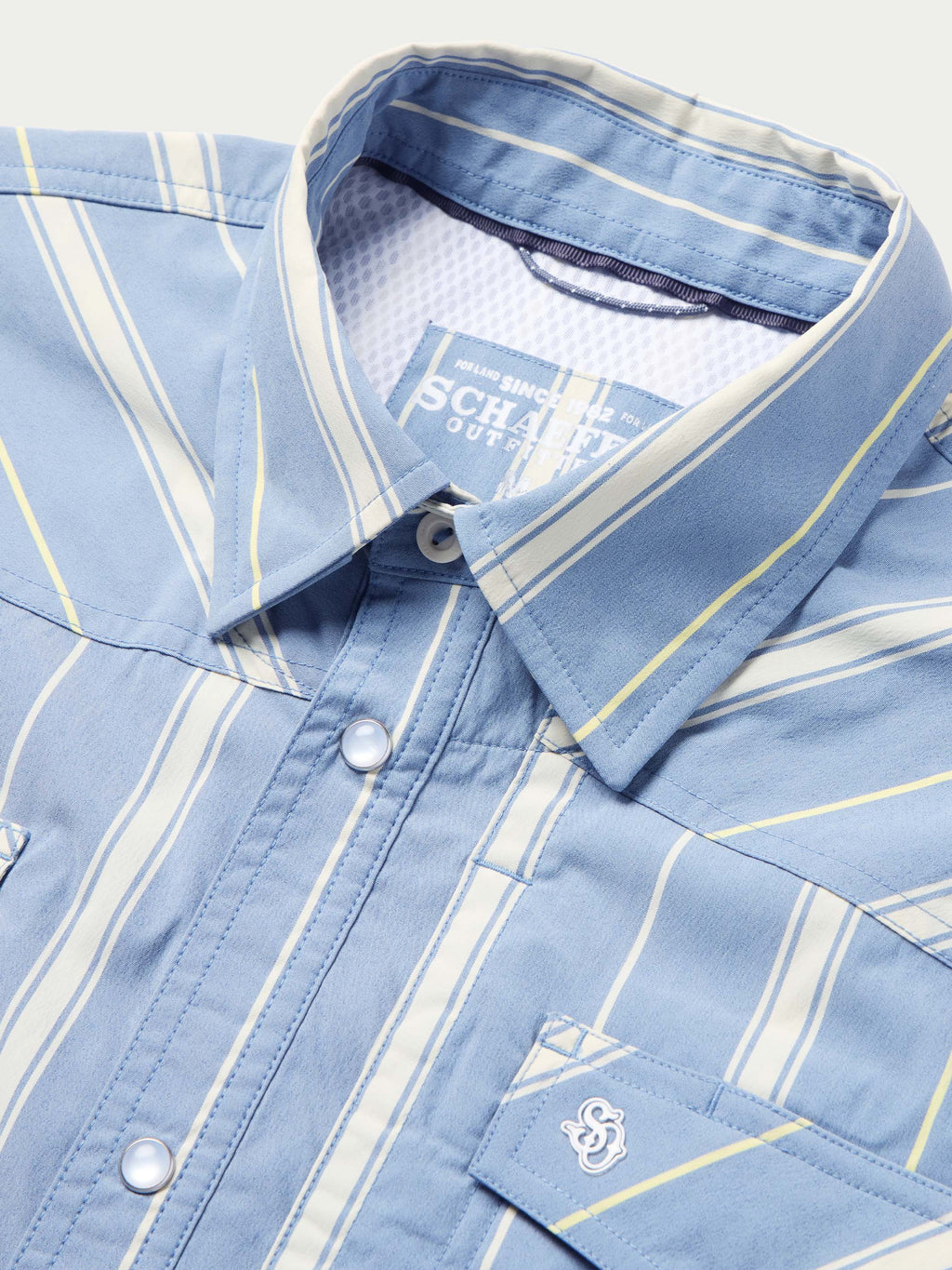 Light blue western snap shirt with white and yellow stripe, button-down collar