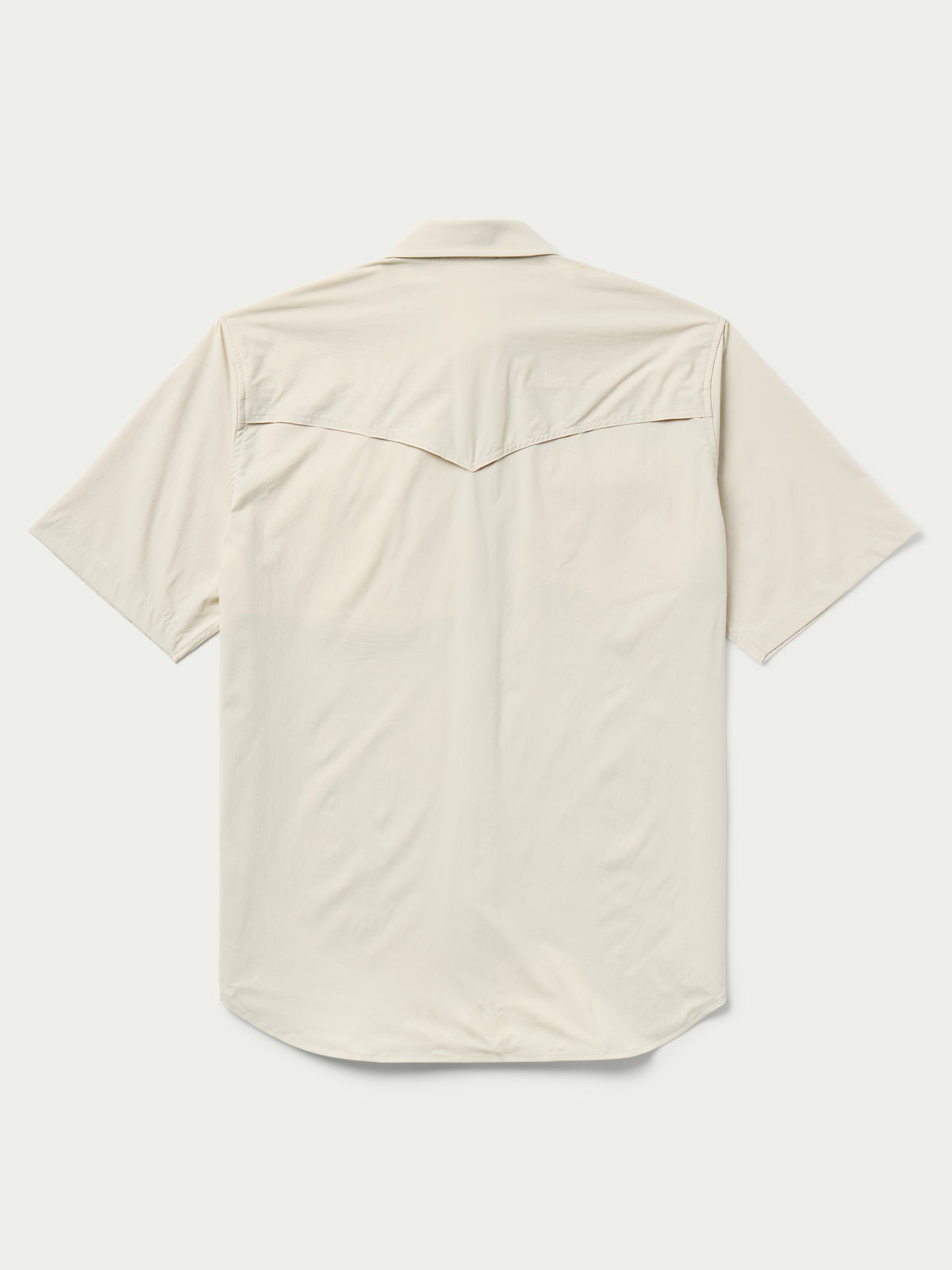 Khaki short-sleeve Western snap shirt, back view with yoke seam