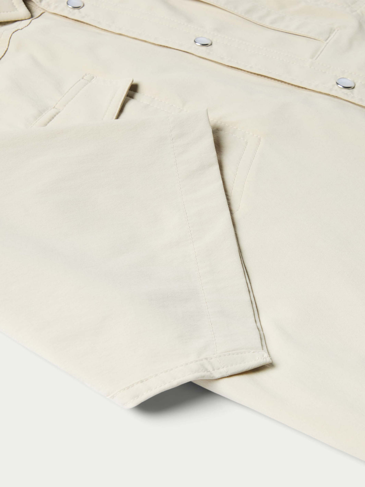 Khaki Western shirt chest pocket with snap flap and stitched details