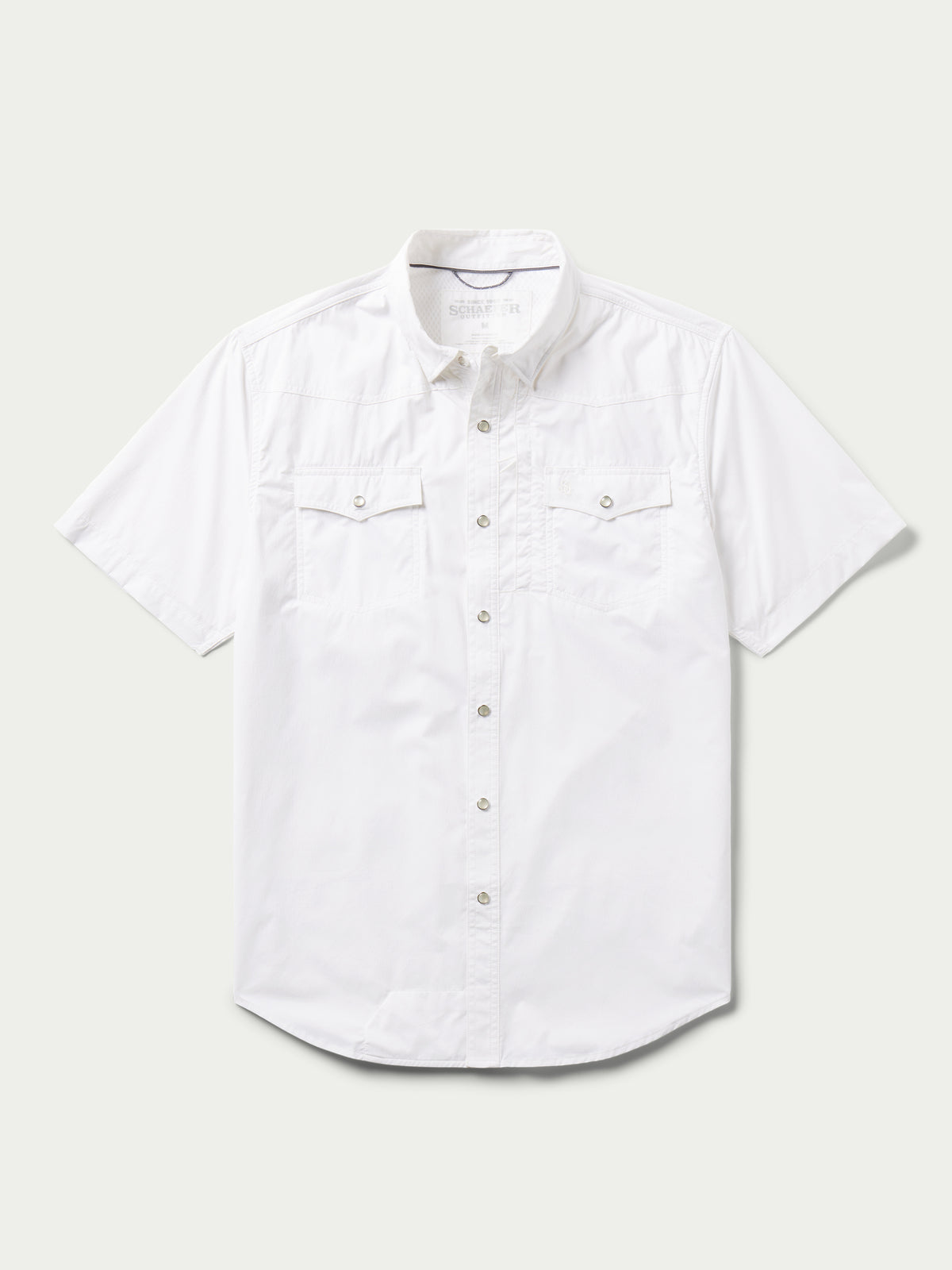 White short-sleeve snap western guide shirt with button front and two chest pockets