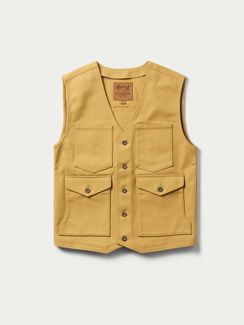 Suntan brushcloth vest with five-button front and two flap chest pockets