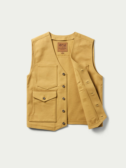 Suntan brushcloth vest with flap pockets and matching spare sleeve panel