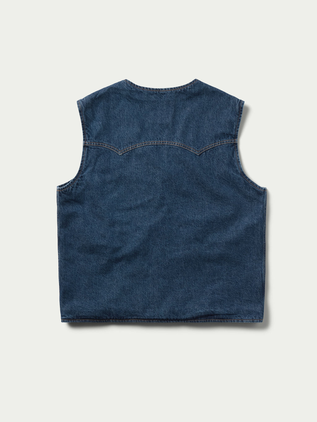 Blue denim sleeveless vest, front button style with two chest pockets