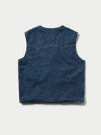 Blue denim sleeveless vest, front button style with two chest pockets
