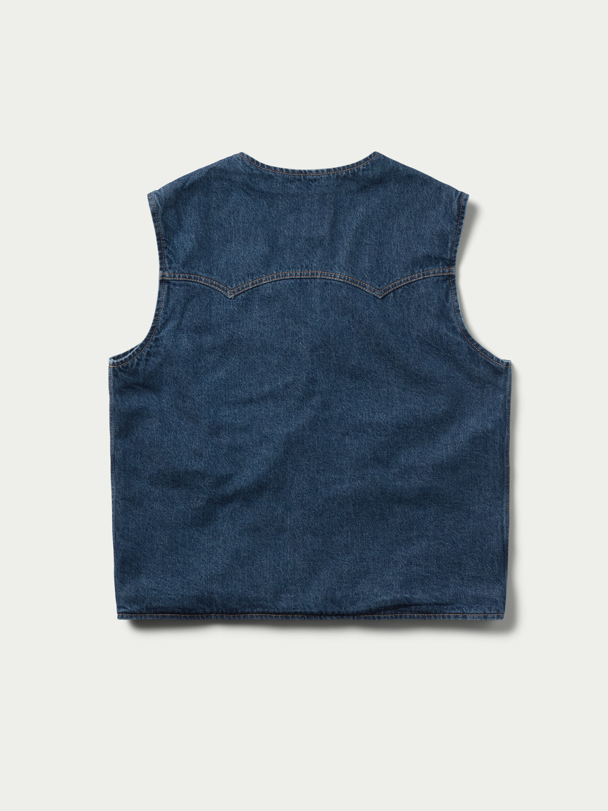 Blue denim sleeveless vest, front button style with two chest pockets