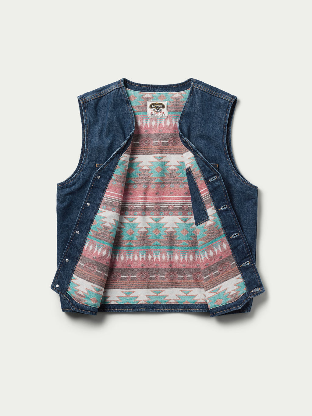 Blue denim vest with patterned inner lining, sleeveless button-front design