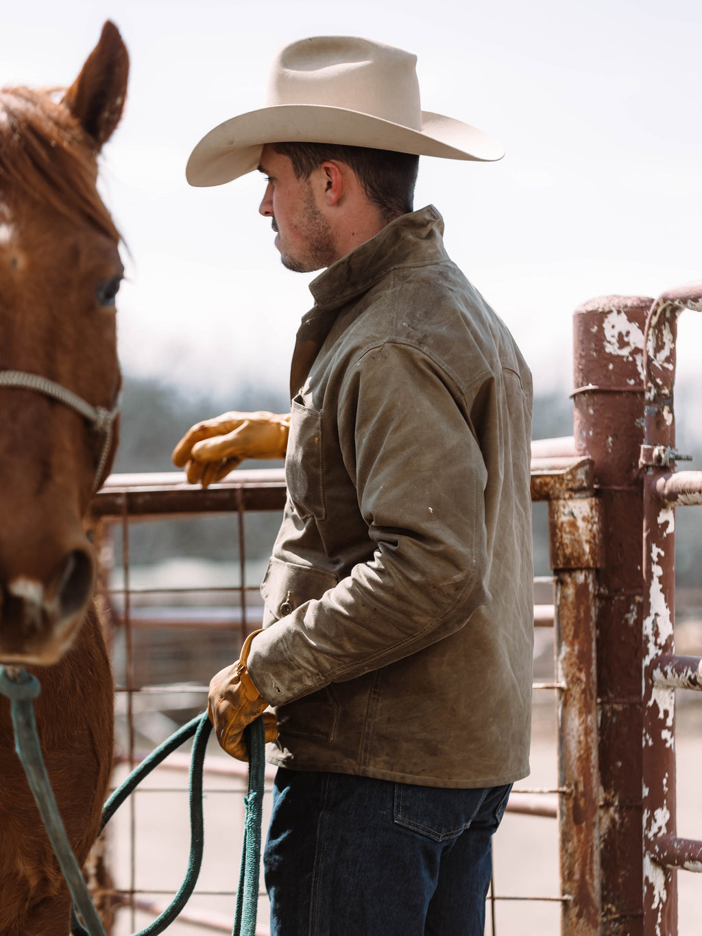 RangeWax® Mesquite brush jacket on cowboy, sand canvas with stand collar and snaps