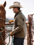 RangeWax® Mesquite brush jacket on cowboy, sand canvas with stand collar and snaps
