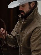 RangeWax® sand brush jacket with button front and flap pockets, side view
