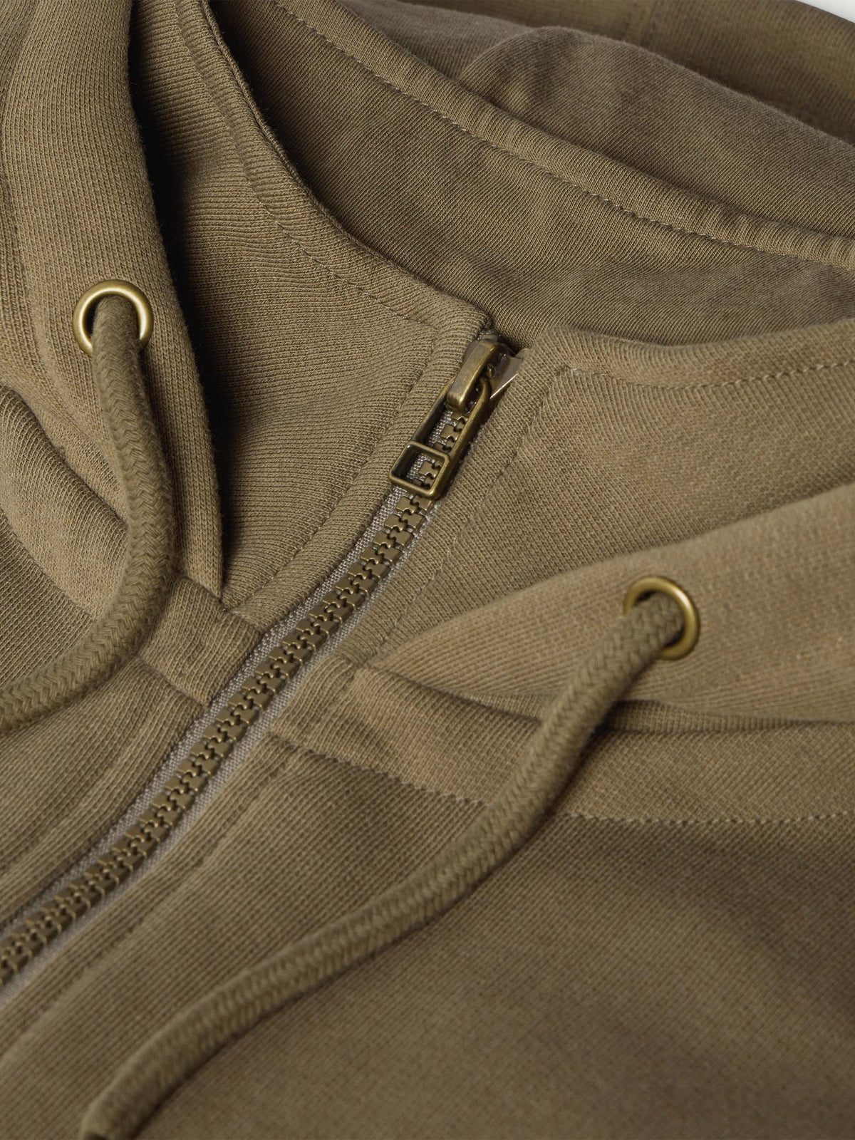 Olive cotton hoodie zipper with metal pull and drawstring hood