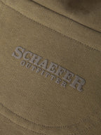Olive cotton hoodie with embroidered brand text on chest
