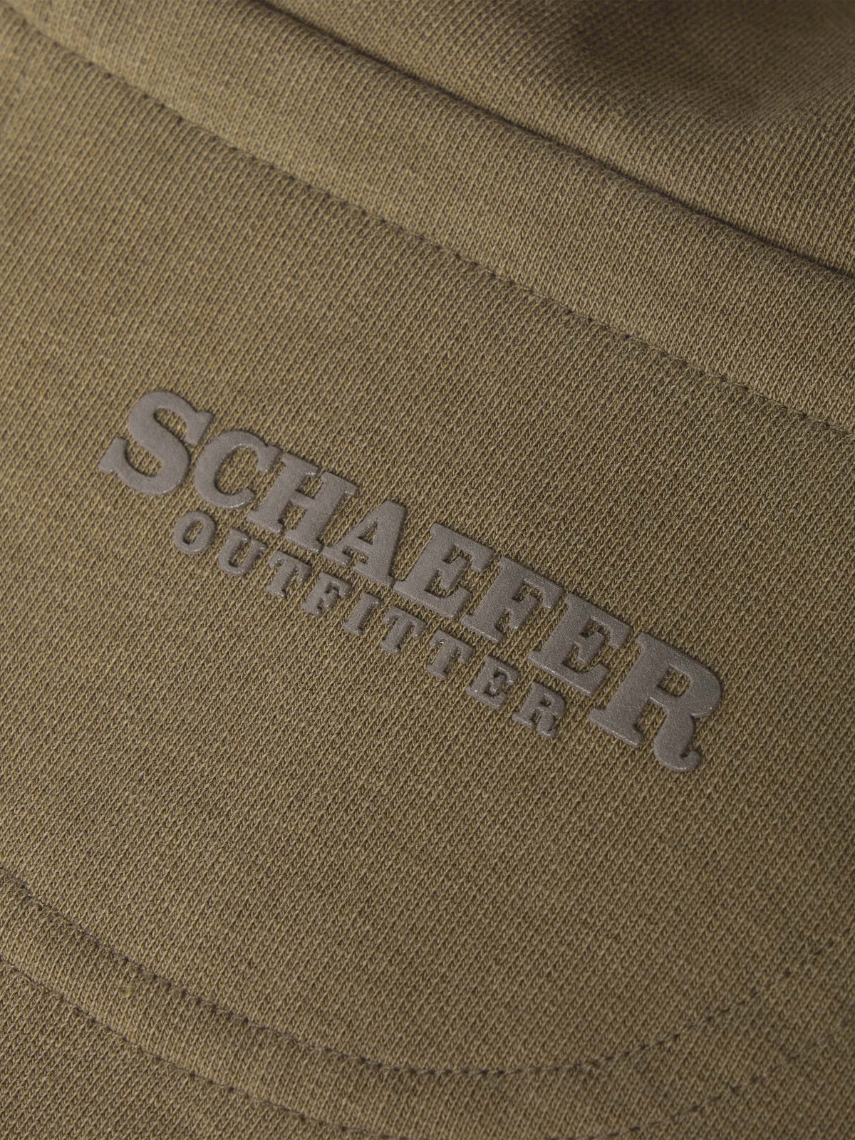Olive cotton hoodie with embroidered brand text on chest