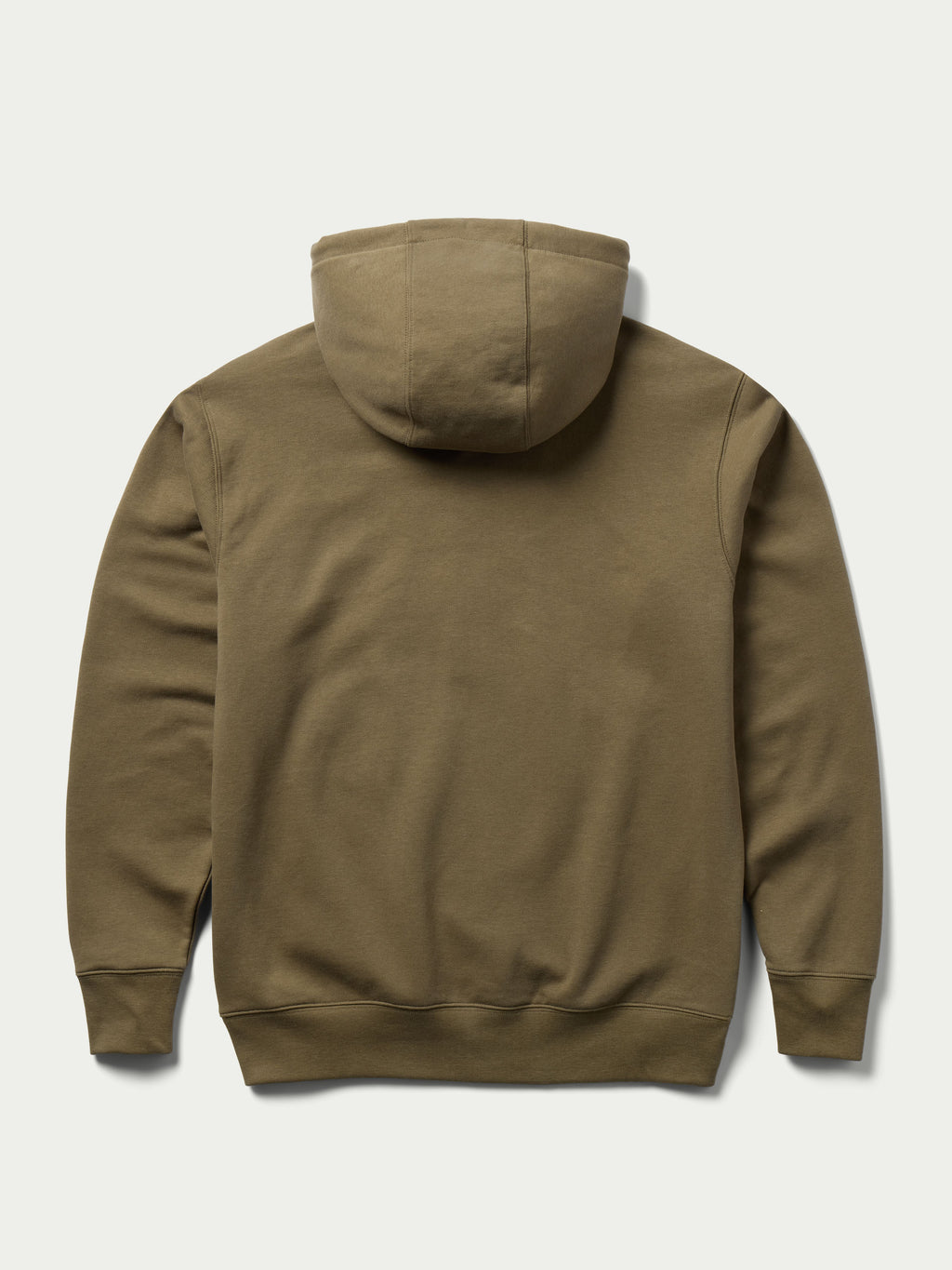 Olive cotton zip-front hoodie, back view with drawstring hood
