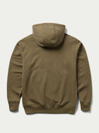 Olive cotton zip-front hoodie, back view with drawstring hood