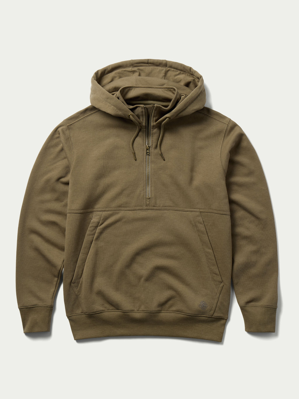 Olive cotton hoodie with front zipper and drawstring hood