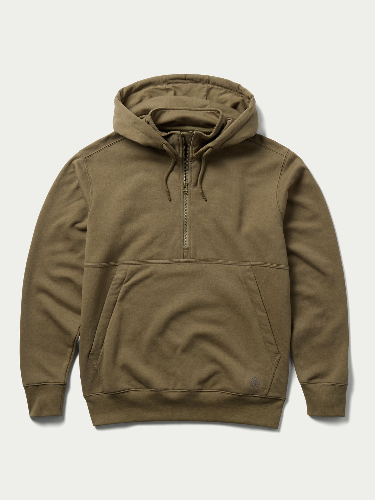 Olive cotton hoodie with front zipper and drawstring hood