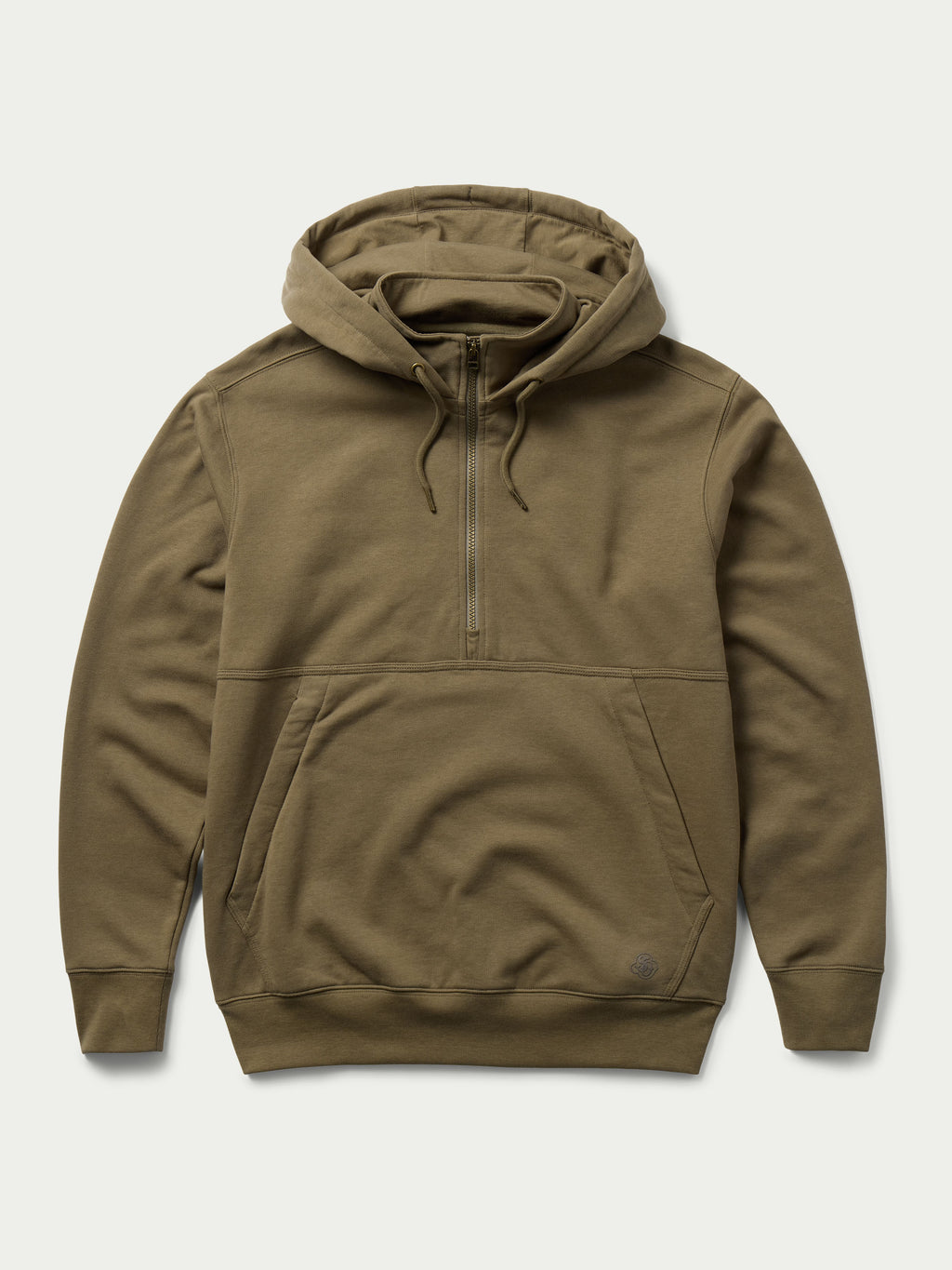 Olive cotton hoodie with front zipper and drawstring hood