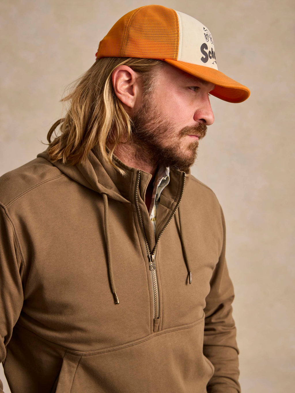 Olive cotton zip-front hoodie with adjustable drawstring hood