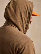 Olive cotton hoodie close-up of back hood and textured speckle finish