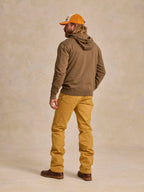 Olive cotton hoodie with pullover hood and kangaroo pocket, side view