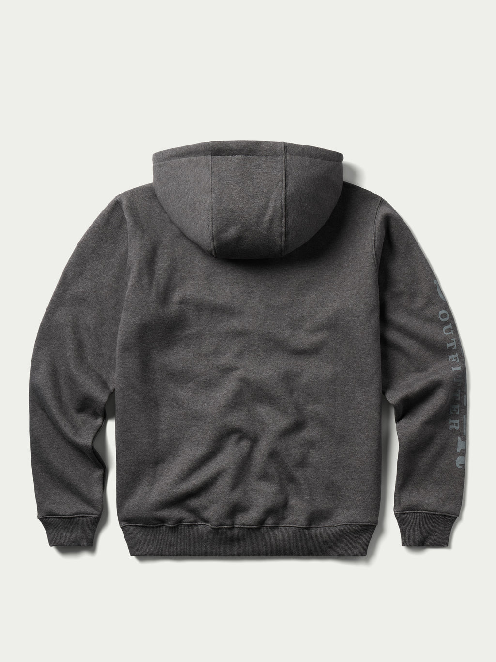 Heather charcoal full-zip hoodie with hood, ribbed cuffs, and sleeve logo print