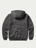 Heather charcoal full-zip hoodie with hood, ribbed cuffs, and sleeve logo print