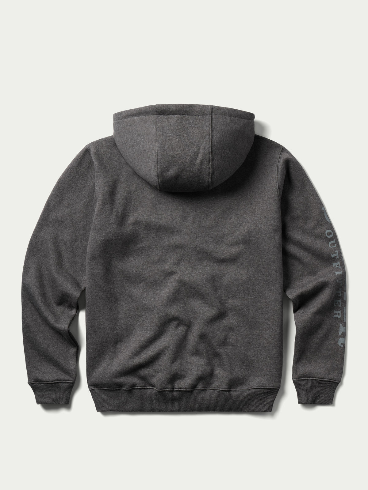 Heather charcoal full-zip hoodie with hood, ribbed cuffs, and sleeve logo print