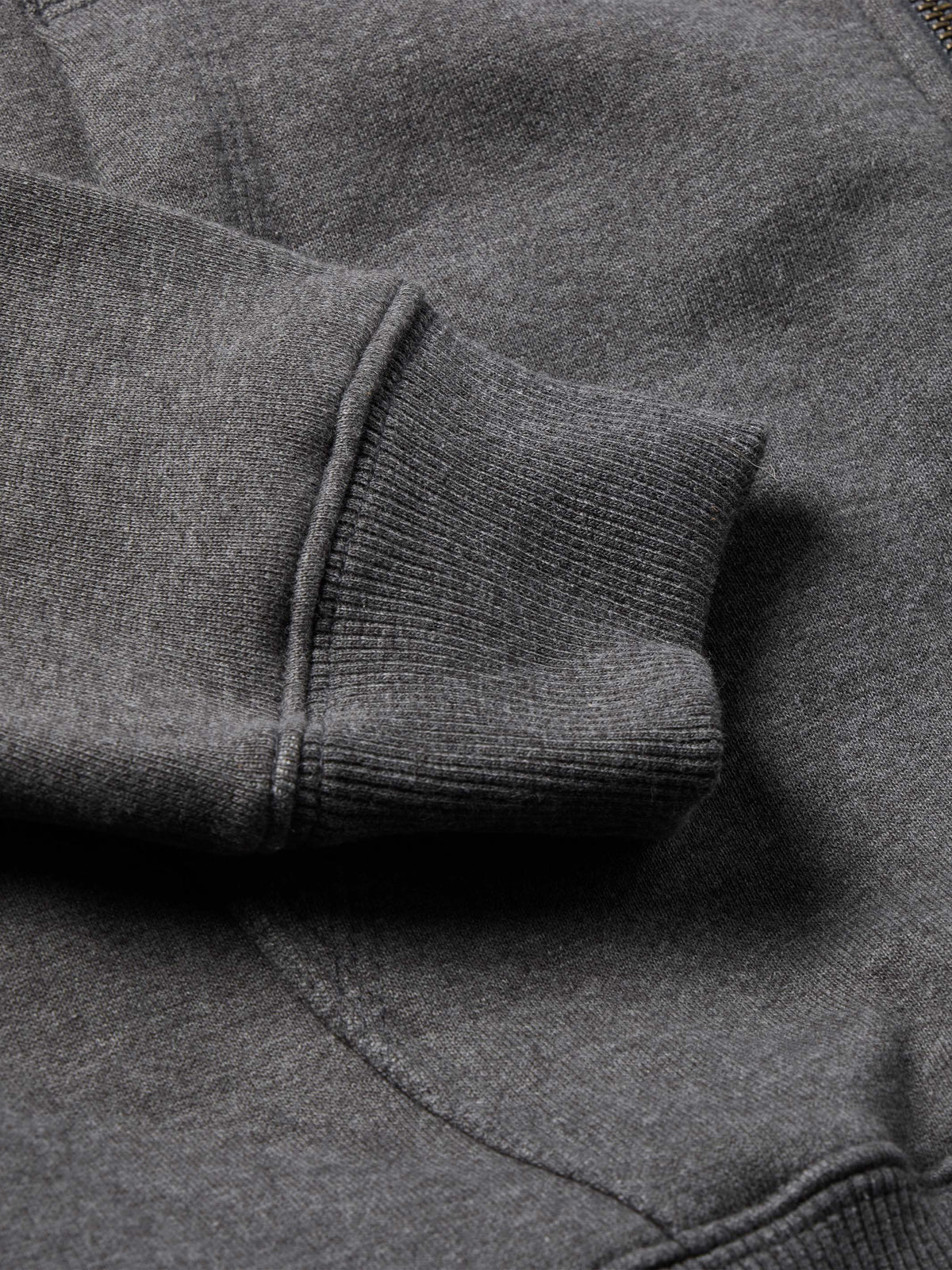 Heather charcoal hoodie cuff and sleeve hem with knit texture and stitching detail